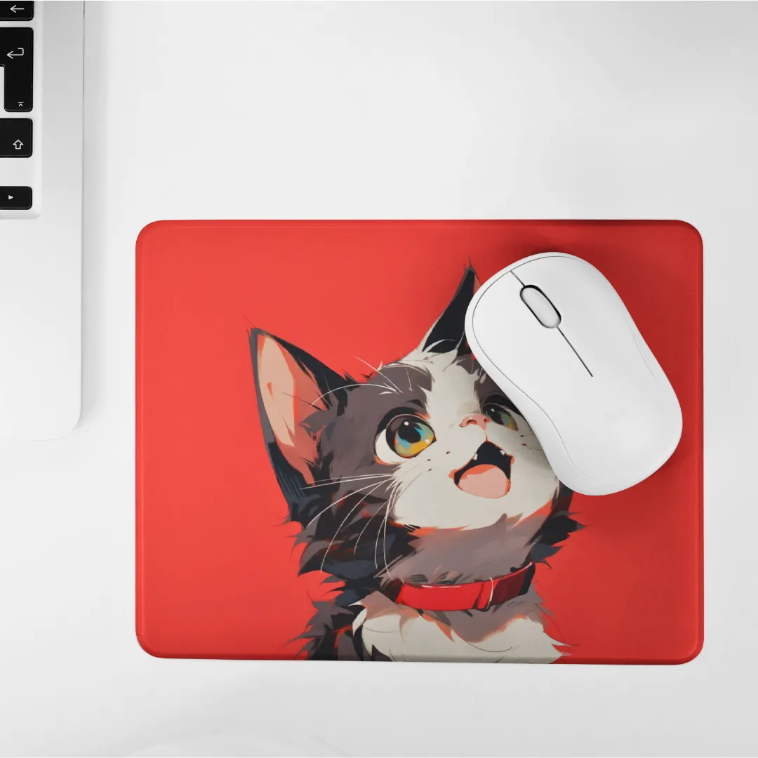 Mouse pad rectangular con ilustración colorida de gato feliz y bigotes largos